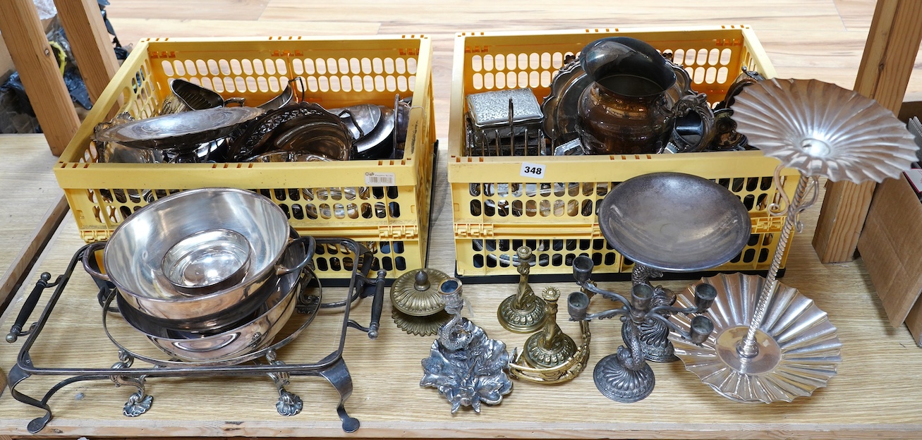 Two boxes of mixed plated wares; including stands, a jug, candlesticks, boxes, trays and teaware etc. Condition - fair to good